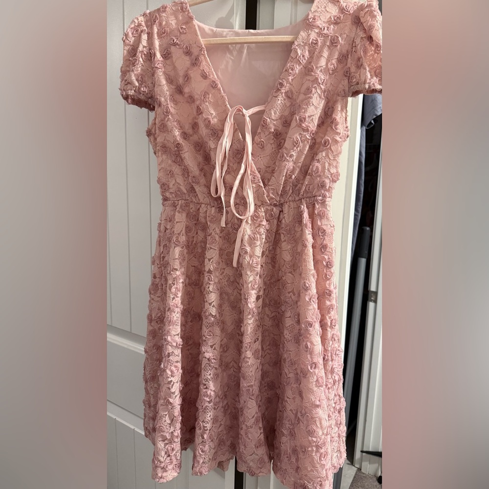 Charming Pink Rosette/Lace Dress